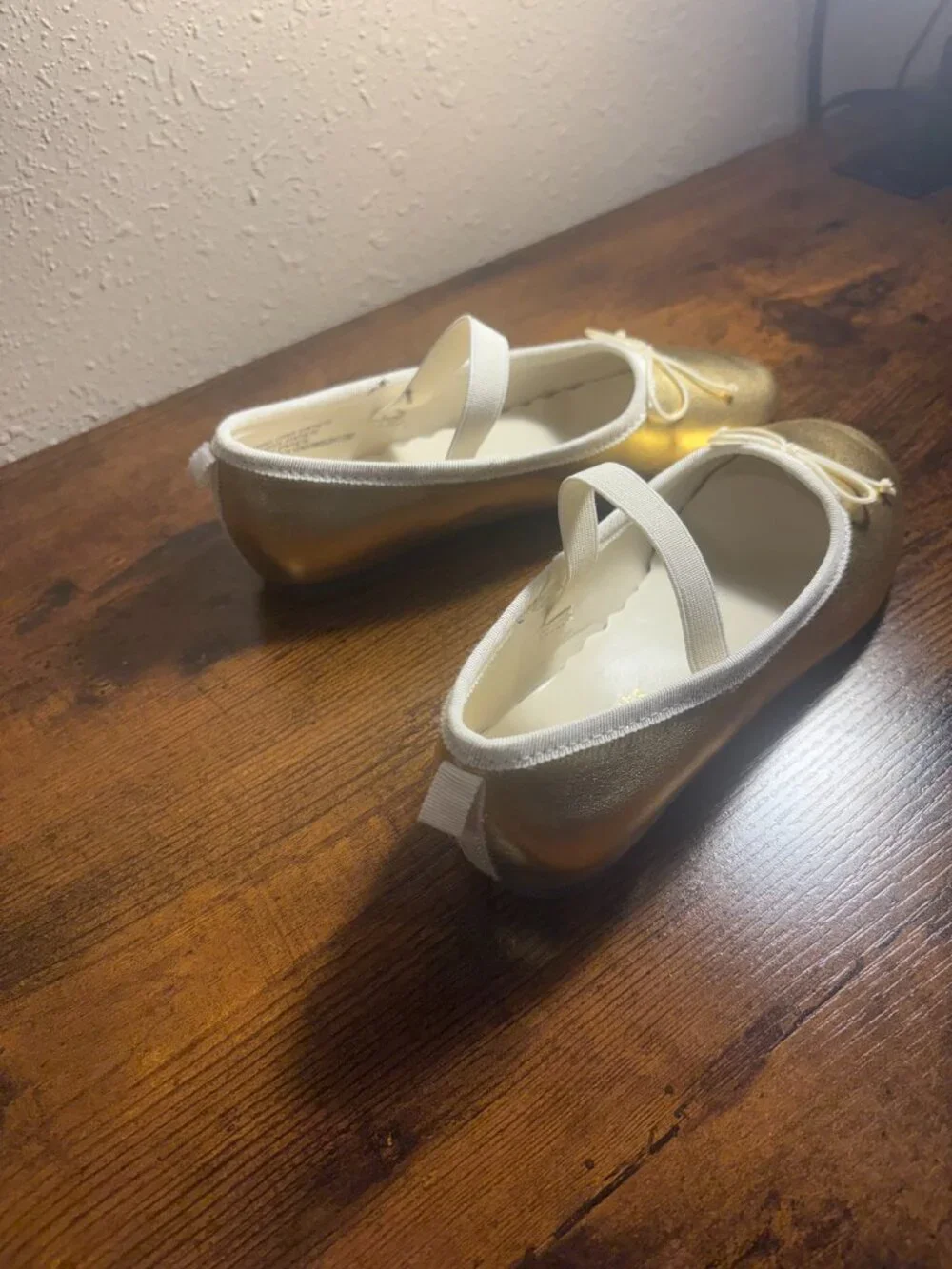 Girls Gold Metallic Ballet Flats with Bow & Mary Jane Strap